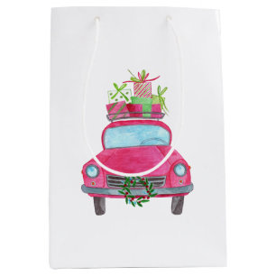 Hand painted watercolor Christmas car Medium Gift Bag
