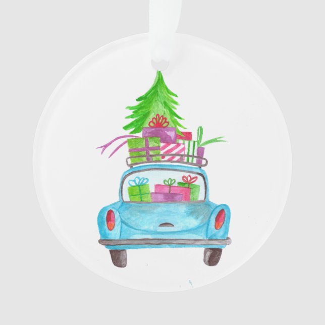 Hand painted watercolor Christmas car Ornament (Front)