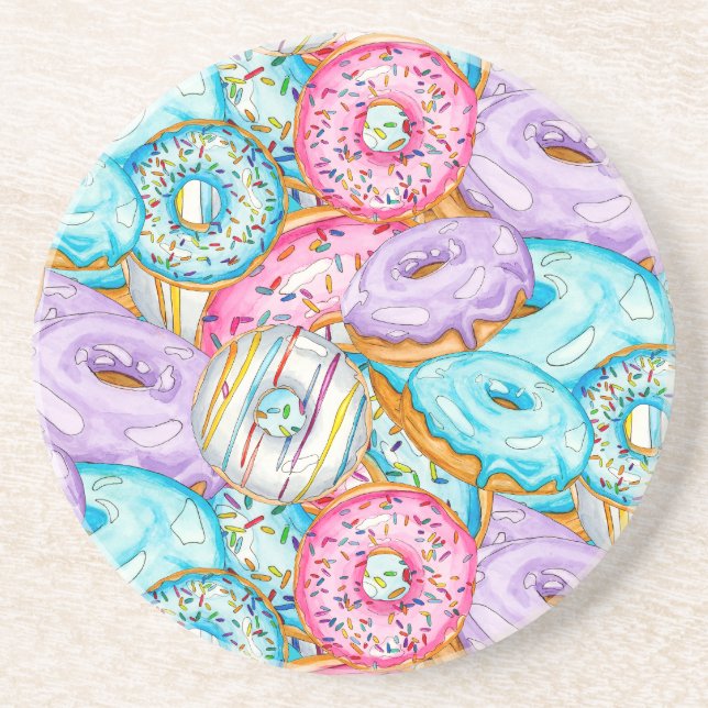 Hand Painted Watercolor Doughnuts tossed together Coaster (Front)