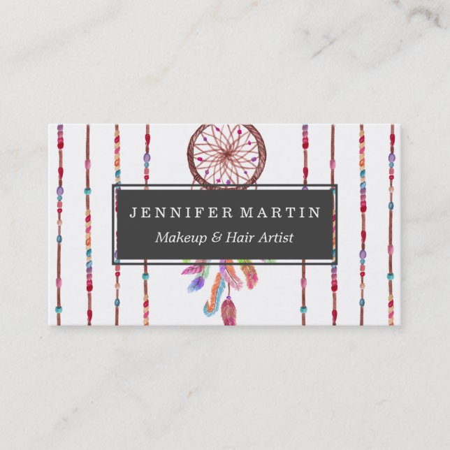 Hand Painted Watercolor Dreamcatcher Beads Feather Business Card (Front)