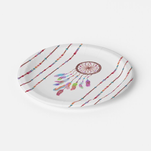 Hand Painted Watercolor Dreamcatcher Beads Feather Paper Plate (Angled)