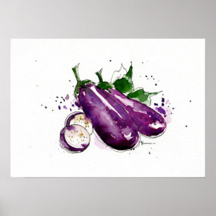 Hand painted watercolor Eggplant, Kitchen wall art