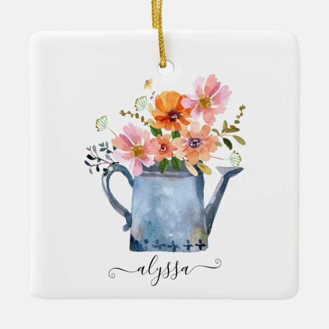 Hand-Painted Watercolor Floral Ceramic Ornament (Front)