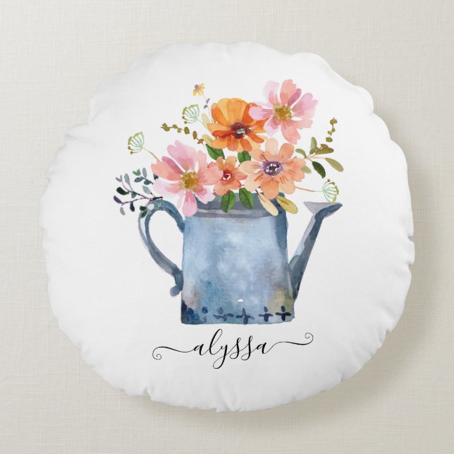Hand-Painted Watercolor Floral Round Cushion (Front)