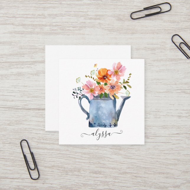 Hand-Painted Watercolor Floral Square Business Card (Front/Back In Situ)