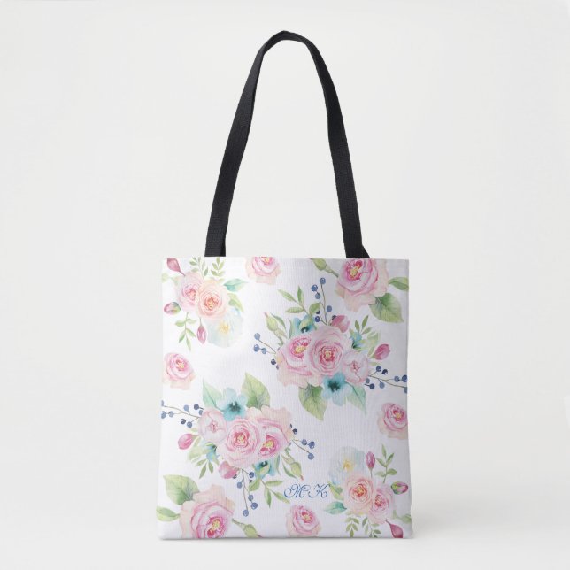 Hand painted Watercolor Flowers Custom Monogram Tote Bag (Front)
