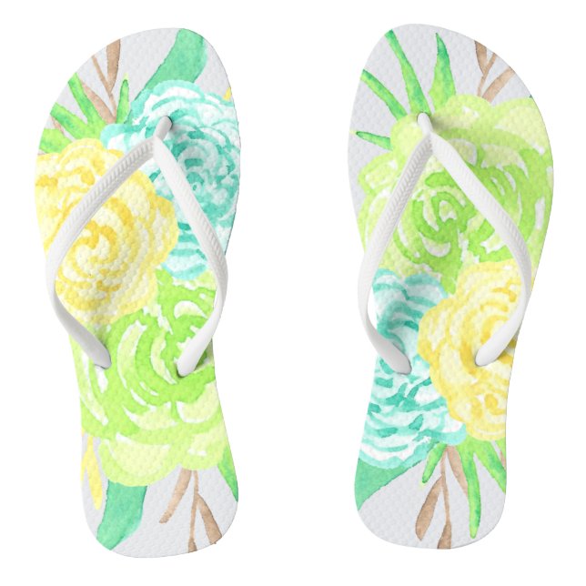 Hand Painted Watercolor Flowers Flip Flops (Footbed)