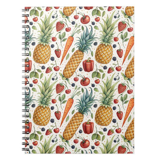 Hand-Painted Watercolor Fruits & Veggies Pattern Notebook (Front)