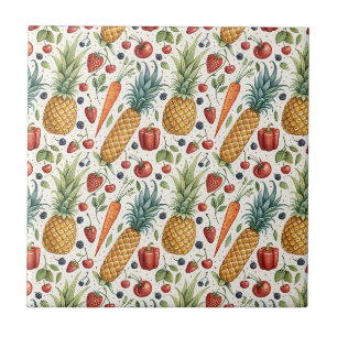 Hand-Painted Watercolor Fruits & Veggies Pattern Tile