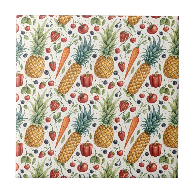 Hand-Painted Watercolor Fruits & Veggies Pattern Tile (Front)