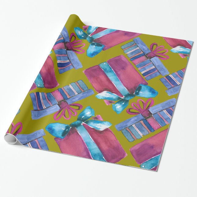 Hand-Painted Watercolor Gift Boxes Wrapping Paper (Unrolled)