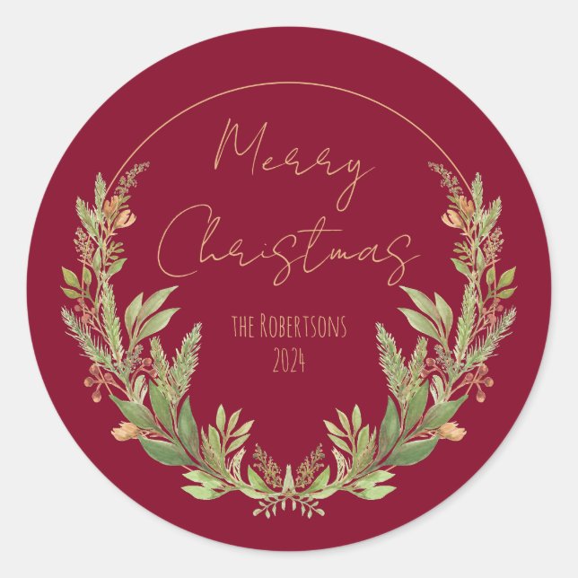 Hand Painted Watercolor Greenery Christmas Wreath Classic Round Sticker (Front)
