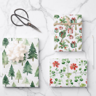 Hand Painted Watercolor Holiday Patterns Wrapping Paper Sheet