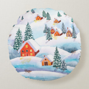 Hand painted watercolor illustration of the winter round cushion