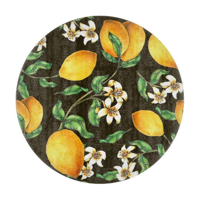 Hand Painted Watercolor Lemon Pattern Cutting Board (Front)