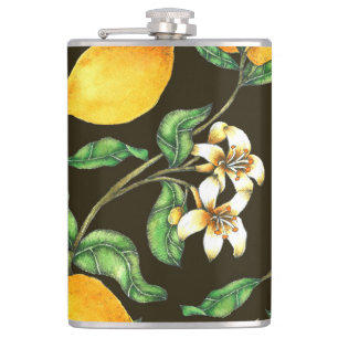 Hand Painted Watercolor Lemon Pattern Hip Flask