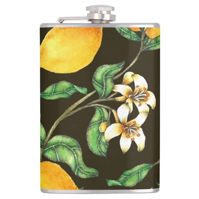 Hand Painted Watercolor Lemon Pattern Hip Flask (Front)