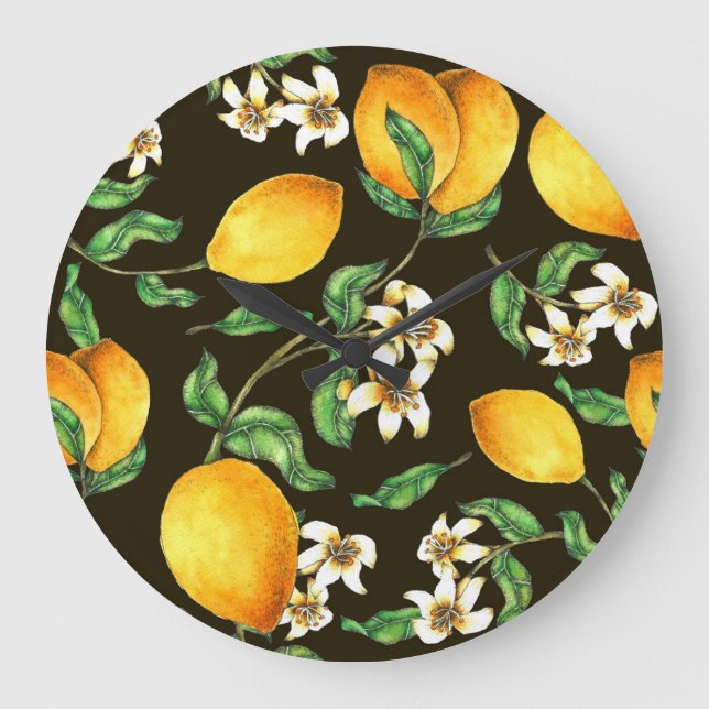 Hand Painted Watercolor Lemon Pattern Large Clock (Front)