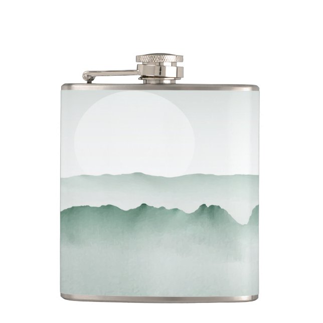 Hand Painted Watercolor Mountain Landscape Hip Flask (Front)