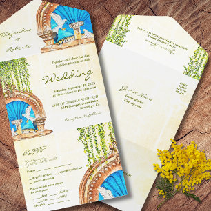 Hand Painted Watercolor Old Mexico Wedding All In One Invitation