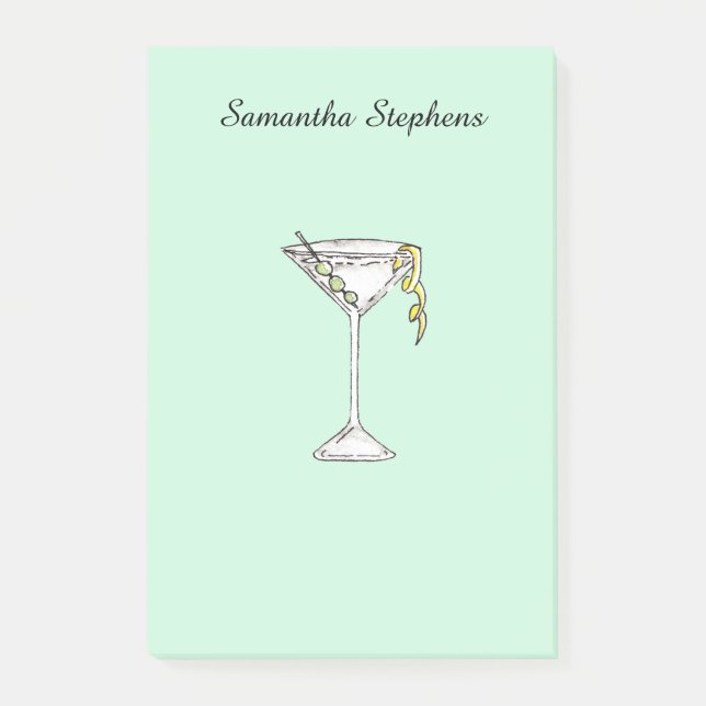 Hand Painted Watercolor Olive Martini Cocktail Post-it Notes (Front)