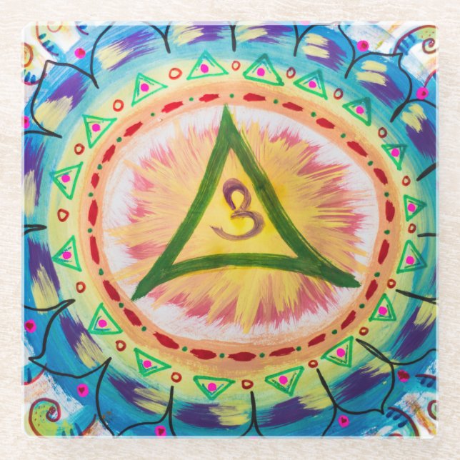 Hand Painted Watercolor Om Mandala  Glass Coaster (Front)
