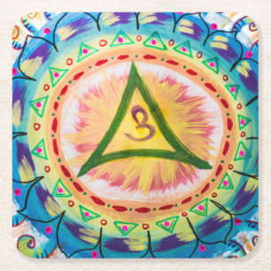 Hand Painted Watercolor Om Mandala Square Paper Coaster