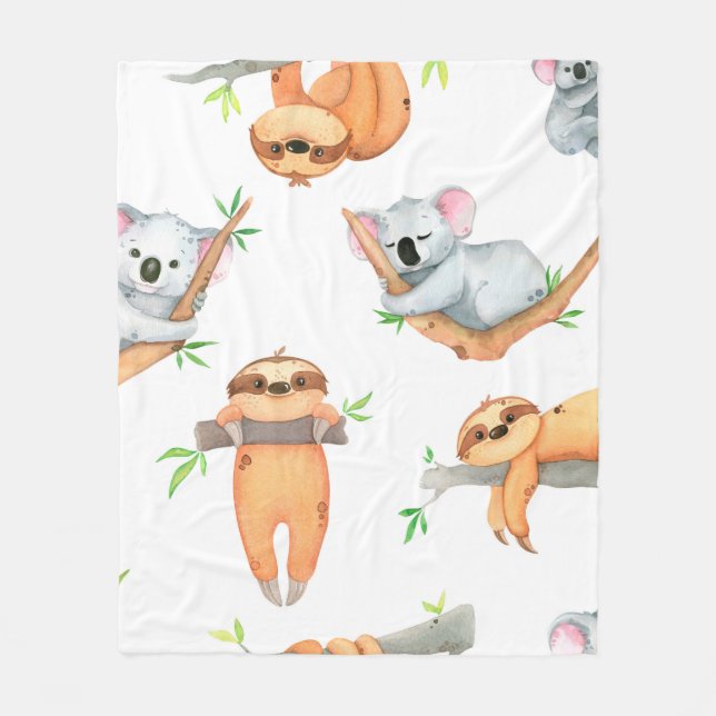 Hand painted watercolor pattern tropical cute anim fleece blanket (Front)