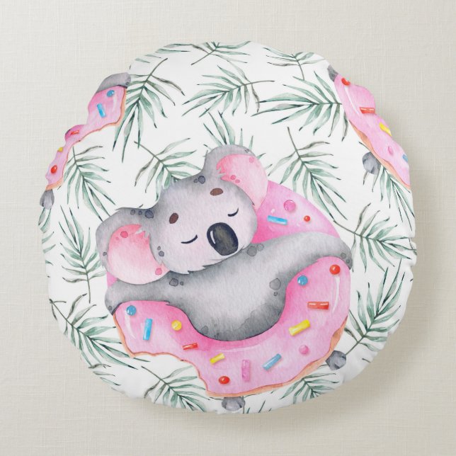 Hand painted watercolor pattern with koala tropica round cushion (Front)
