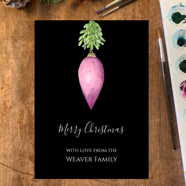 Hand Painted Watercolor Pink Christmas Bauble Holiday Card (Custom Christmas Card, elegant simple pink hand painted watercolor with greenery. Modern script
)