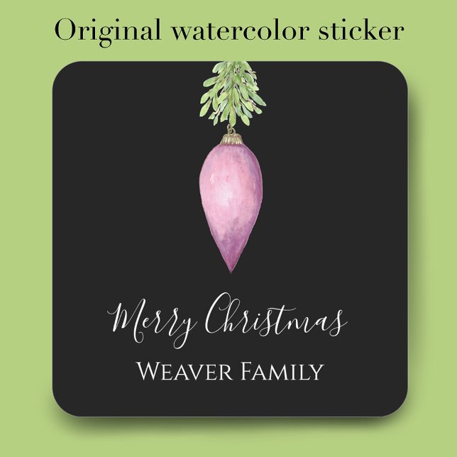 Hand Painted Watercolor Pink Christmas Bauble Square Sticker (Personalize this original watercolor antique Christmas bauble Christmas card envelope sticker.
)