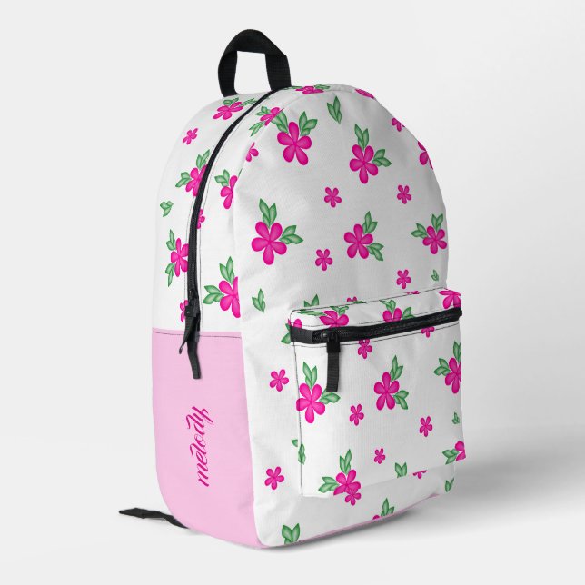 Hand-Painted Watercolor Pink Flowers Leaves Printed Backpack (Back Corner Left)
