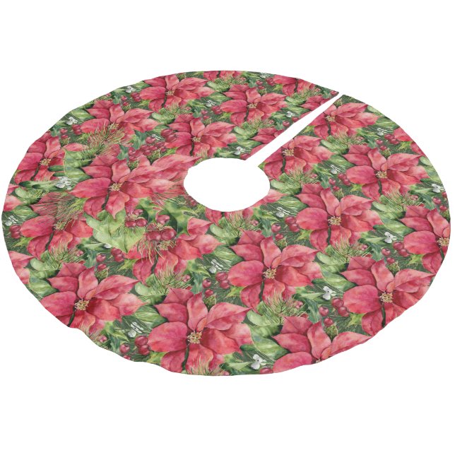 Hand Painted Watercolor Poinsettias Brushed Polyester Tree Skirt (Angled)