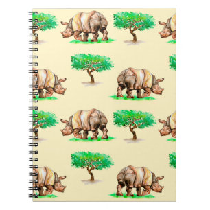 Hand painted watercolor rhinoceros seamless patter notebook