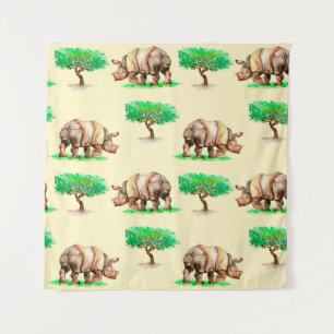 Hand painted watercolor rhinoceros seamless patter tapestry