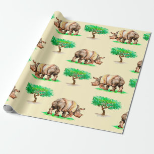 Hand painted watercolor rhinoceros seamless patter wrapping paper