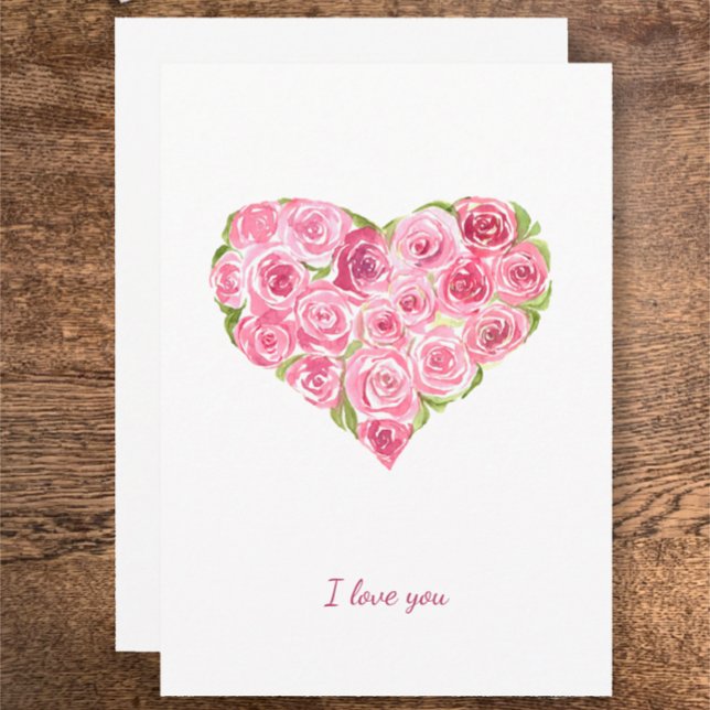 Hand painted watercolor roses heart Valentines day Holiday Card (My hand painted watercolor Valentine’s Day card, pink roses in heart shape. I love you custom script)