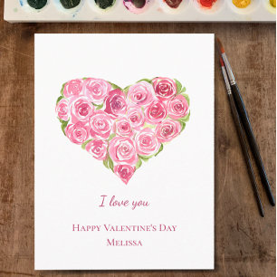 Hand Painted Watercolor Roses Heart Valentines Day Holiday Postcard