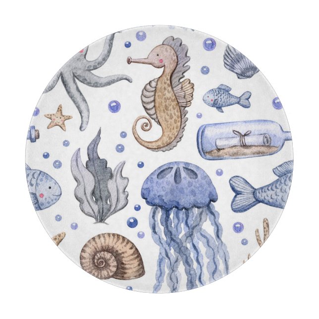 Hand-Painted Watercolor Sea Pattern. Cutting Board (Front)