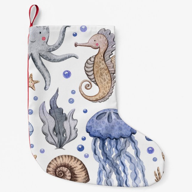 Hand-Painted Watercolor Sea Pattern. Small Christmas Stocking (Front)