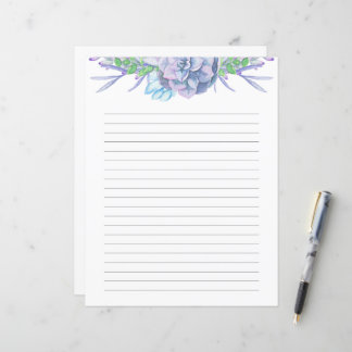 Hand Painted Watercolor Succulent Lined Paper