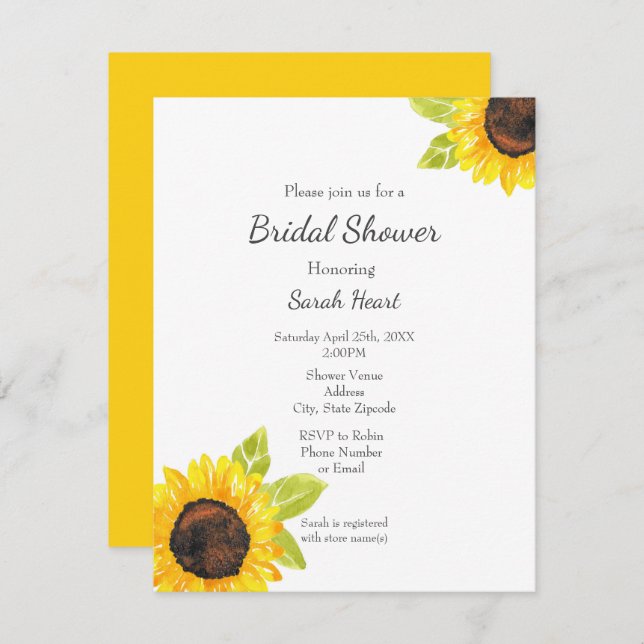 Hand Painted Watercolor Sunflower Invitation (Front/Back)