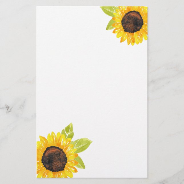 Hand Painted Watercolor Sunflower Stationery (Front)