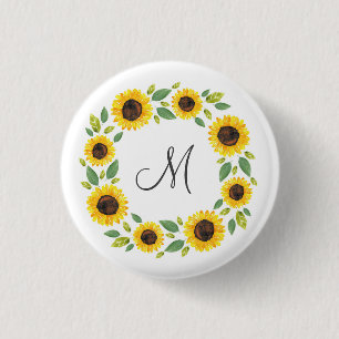 Hand Painted Watercolor Sunflower Wreath 3 Cm Round Badge