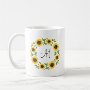 Hand Painted Watercolor Sunflower Wreath Coffee Mug