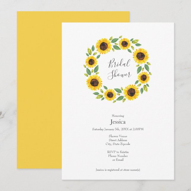 Hand Painted Watercolor Sunflower Wreath  Invitation (Front/Back)