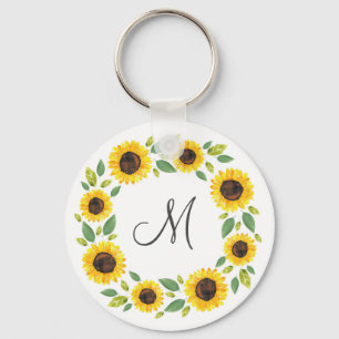 Hand Painted Watercolor Sunflower Wreath Key Ring