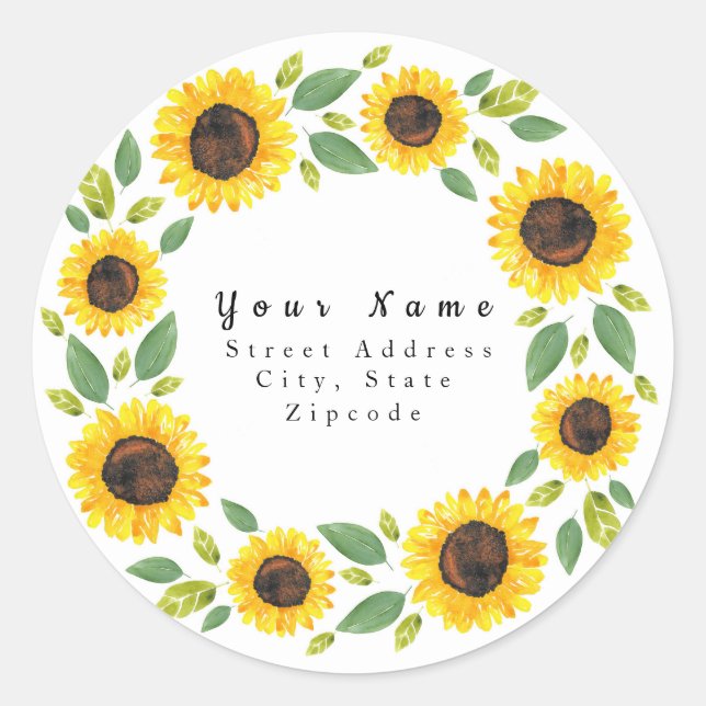 'Hand Painted Watercolor Sunflower Wreath' Label (Front)