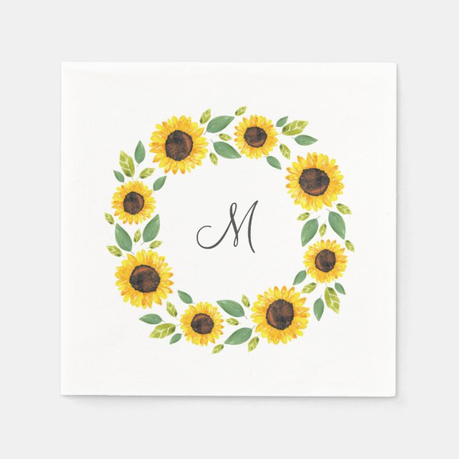 Hand Painted Watercolor Sunflower Wreath Napkin (Front)