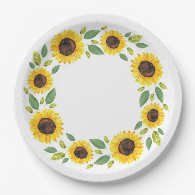 Hand Painted Watercolor Sunflower Wreath Paper Plate (Front)
